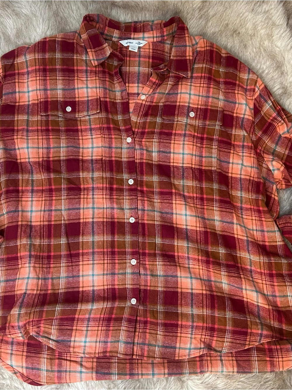 Old Navy Orange and Red Plaid Button-Down Shirt